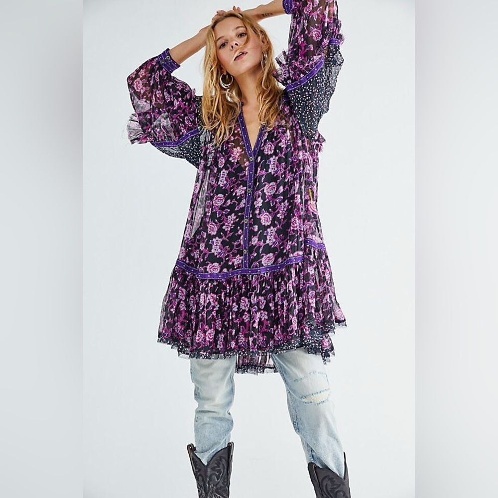 FREE PEOPLE Sz L ROSEBUD PRINT MIX MINI DRESS TUNIC IN BLACK COMBO